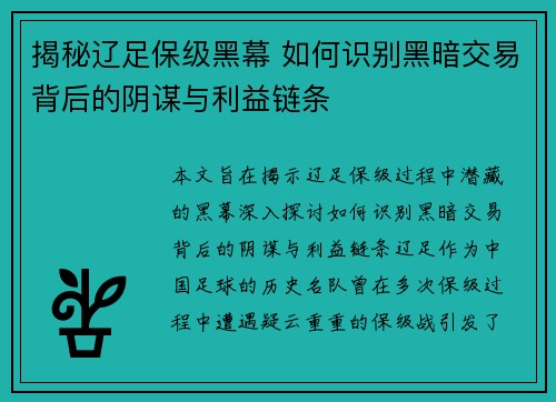 揭秘辽足保级黑幕 如何识别黑暗交易背后的阴谋与利益链条